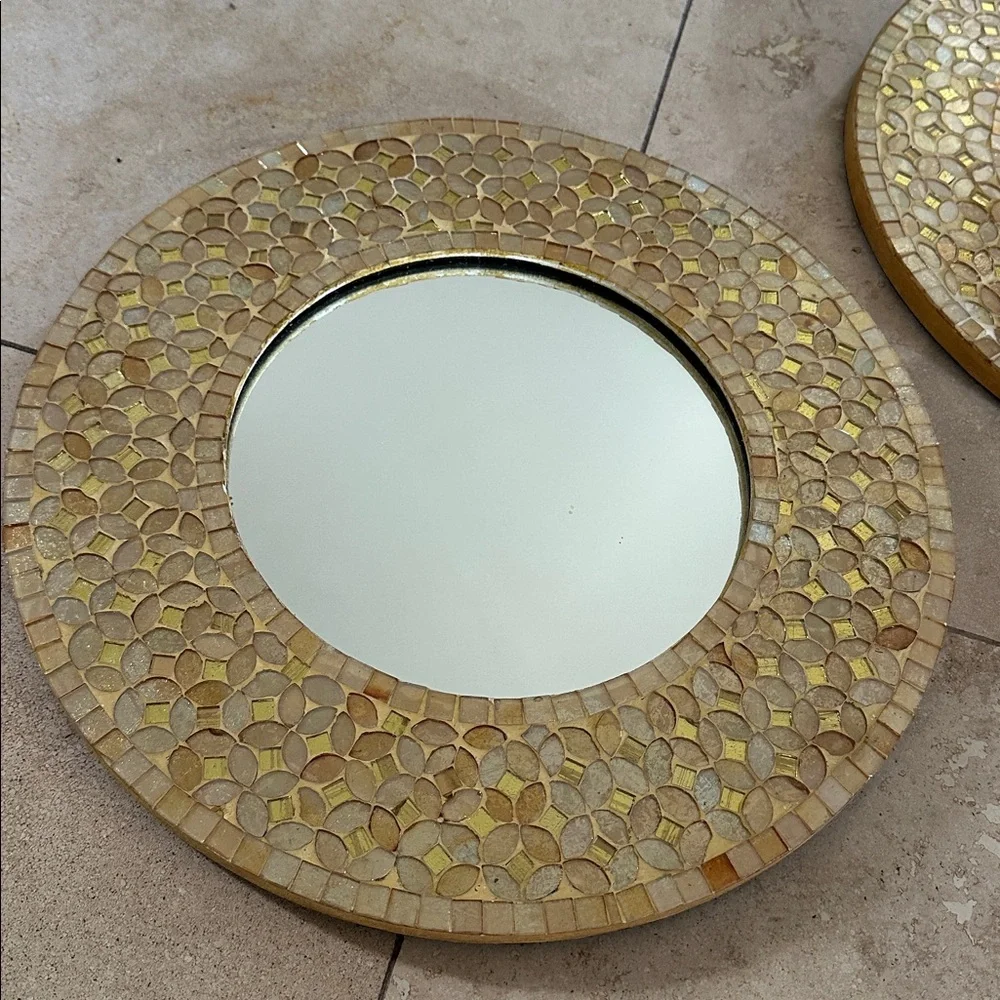 Vintage Round Mirrors • Mother of Pearl & Capiz Shell Inlay • 2 Available • EUC